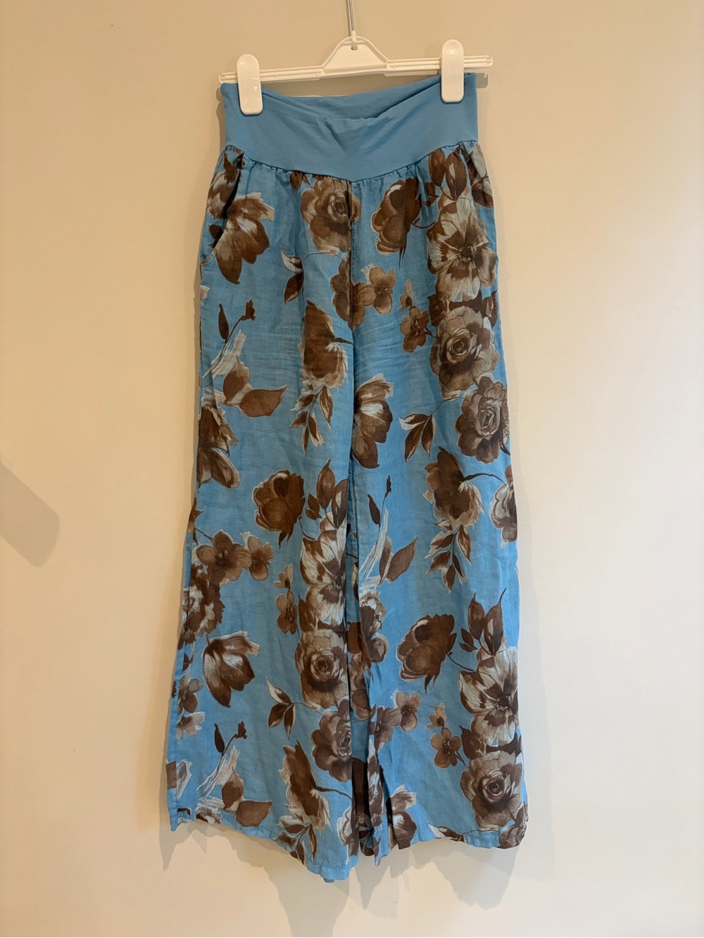 Venti6 100% Linen Floral Wide Leg Pants Blue Brown Size S Fits M